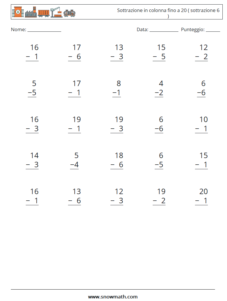 (25) Sottrazione in colonna fino a 20 ( sottrazione 6 ) Fogli di lavoro di matematica 3
