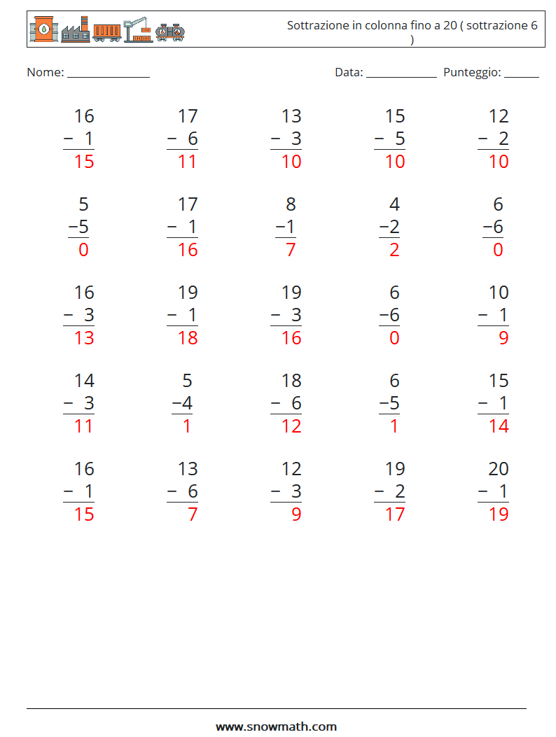 (25) Sottrazione in colonna fino a 20 ( sottrazione 6 ) Fogli di lavoro di matematica 3 Domanda, Risposta