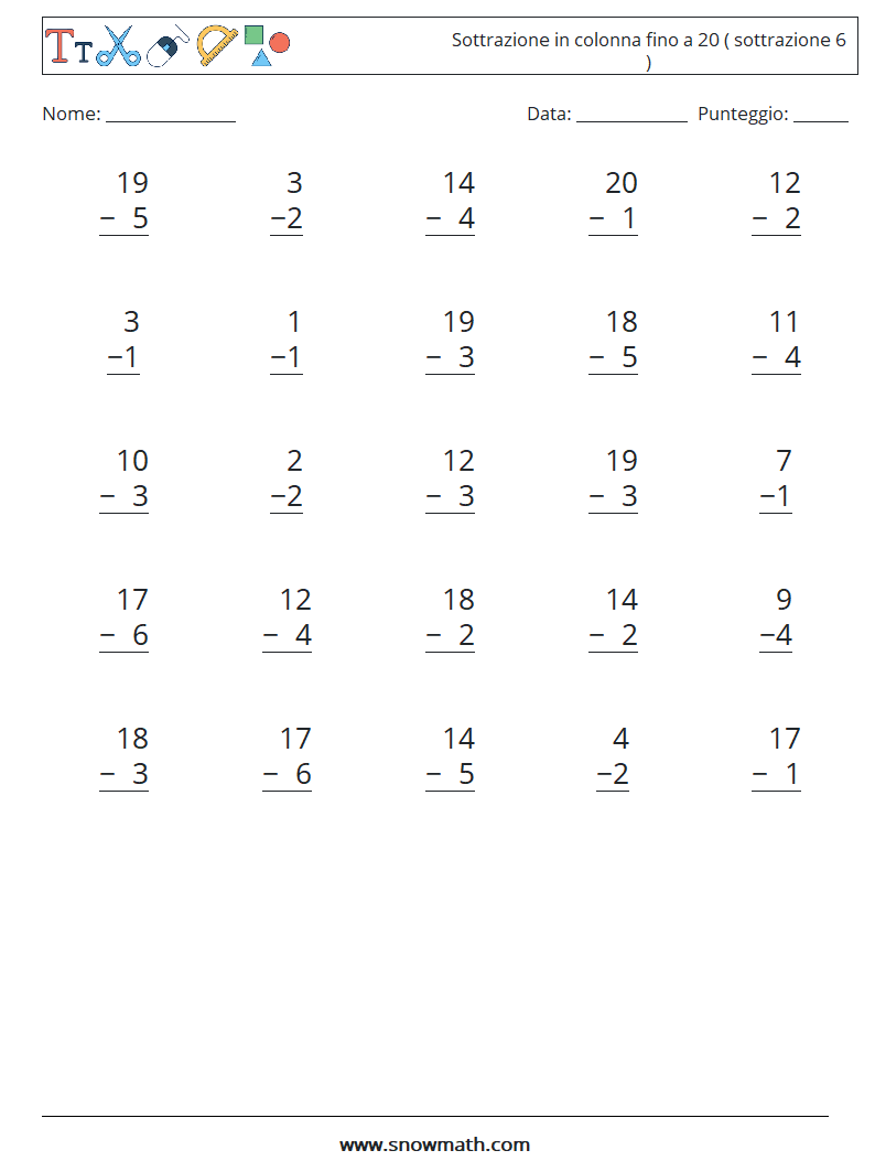 (25) Sottrazione in colonna fino a 20 ( sottrazione 6 ) Fogli di lavoro di matematica 4