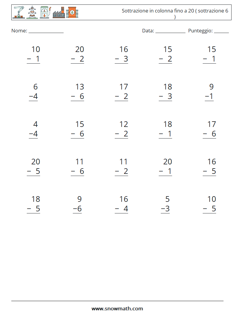 (25) Sottrazione in colonna fino a 20 ( sottrazione 6 ) Fogli di lavoro di matematica 5