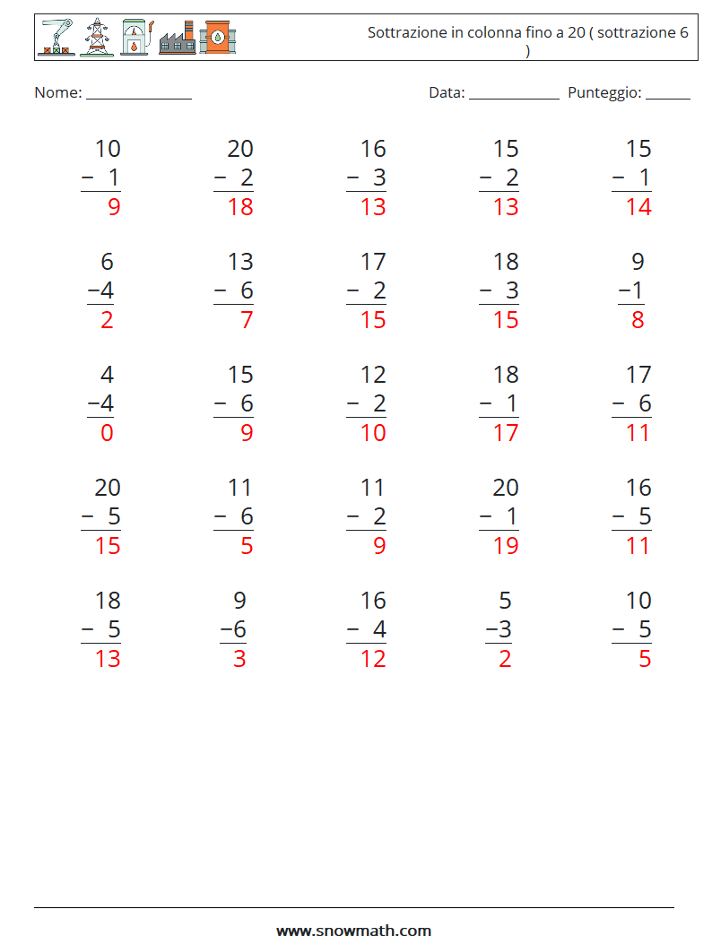 (25) Sottrazione in colonna fino a 20 ( sottrazione 6 ) Fogli di lavoro di matematica 5 Domanda, Risposta
