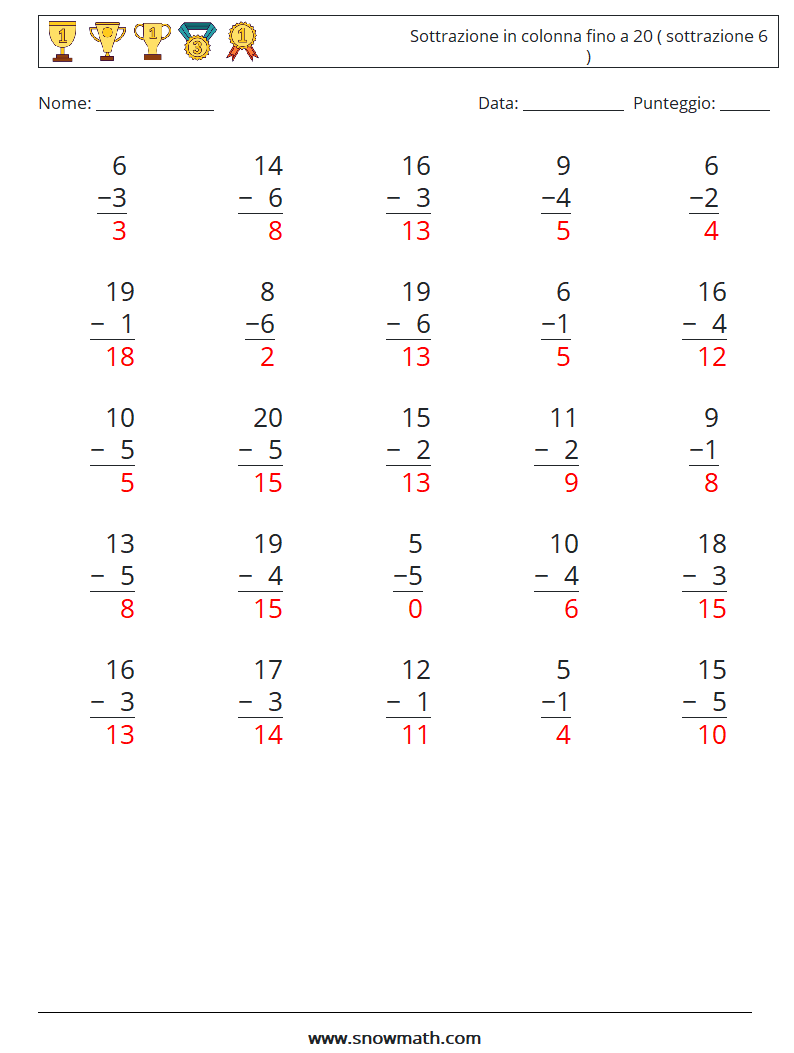 (25) Sottrazione in colonna fino a 20 ( sottrazione 6 ) Fogli di lavoro di matematica 6 Domanda, Risposta