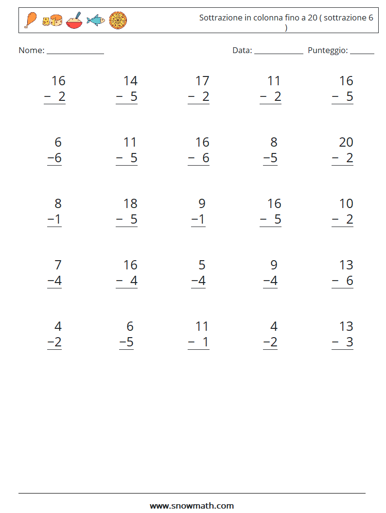 (25) Sottrazione in colonna fino a 20 ( sottrazione 6 ) Fogli di lavoro di matematica 7