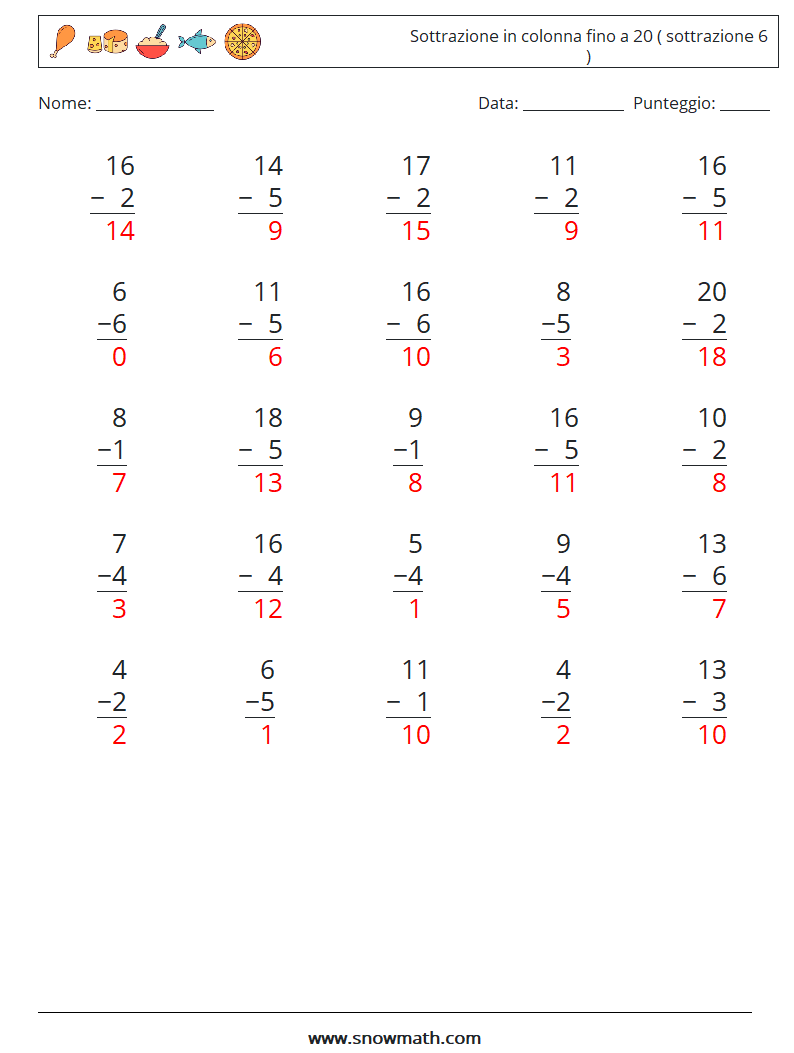 (25) Sottrazione in colonna fino a 20 ( sottrazione 6 ) Fogli di lavoro di matematica 7 Domanda, Risposta