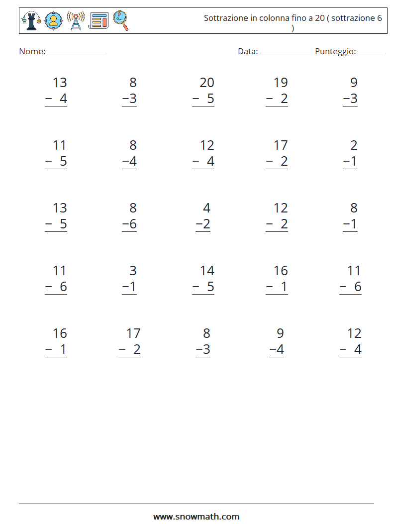 (25) Sottrazione in colonna fino a 20 ( sottrazione 6 ) Fogli di lavoro di matematica 8