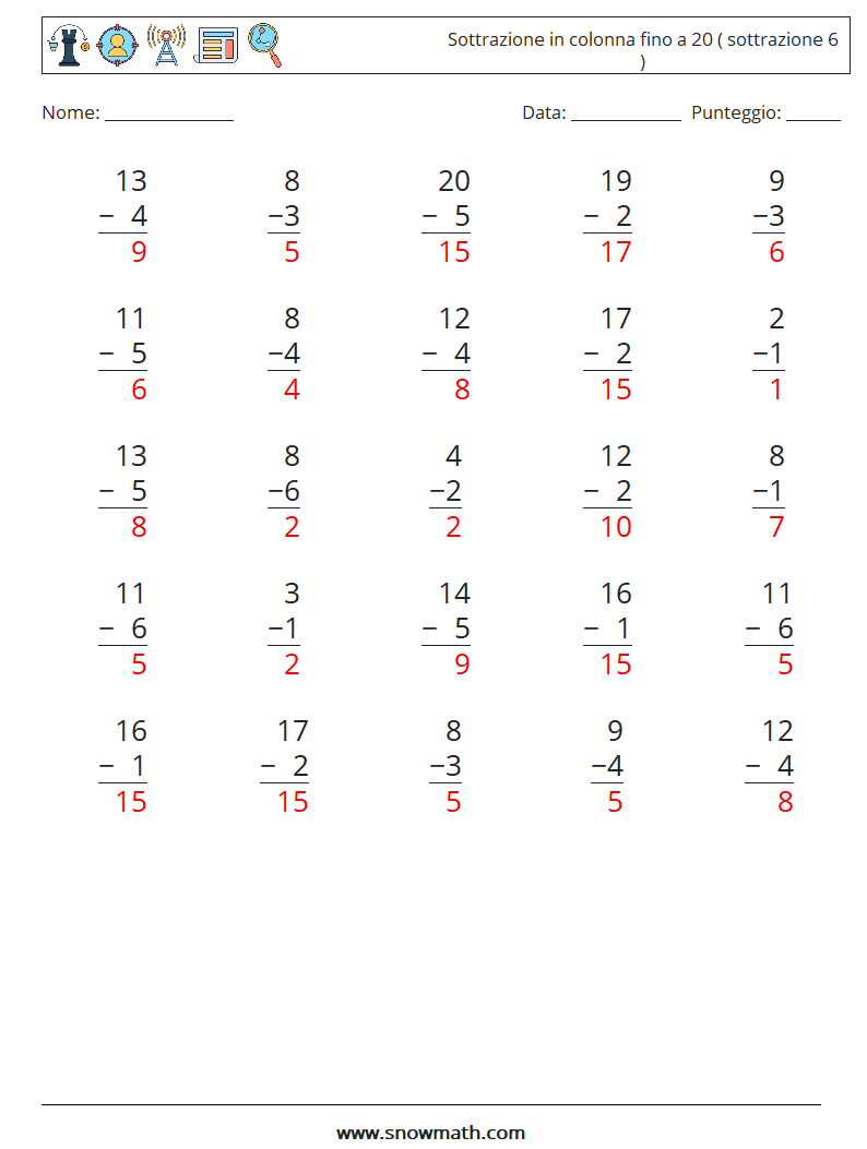 (25) Sottrazione in colonna fino a 20 ( sottrazione 6 ) Fogli di lavoro di matematica 8 Domanda, Risposta