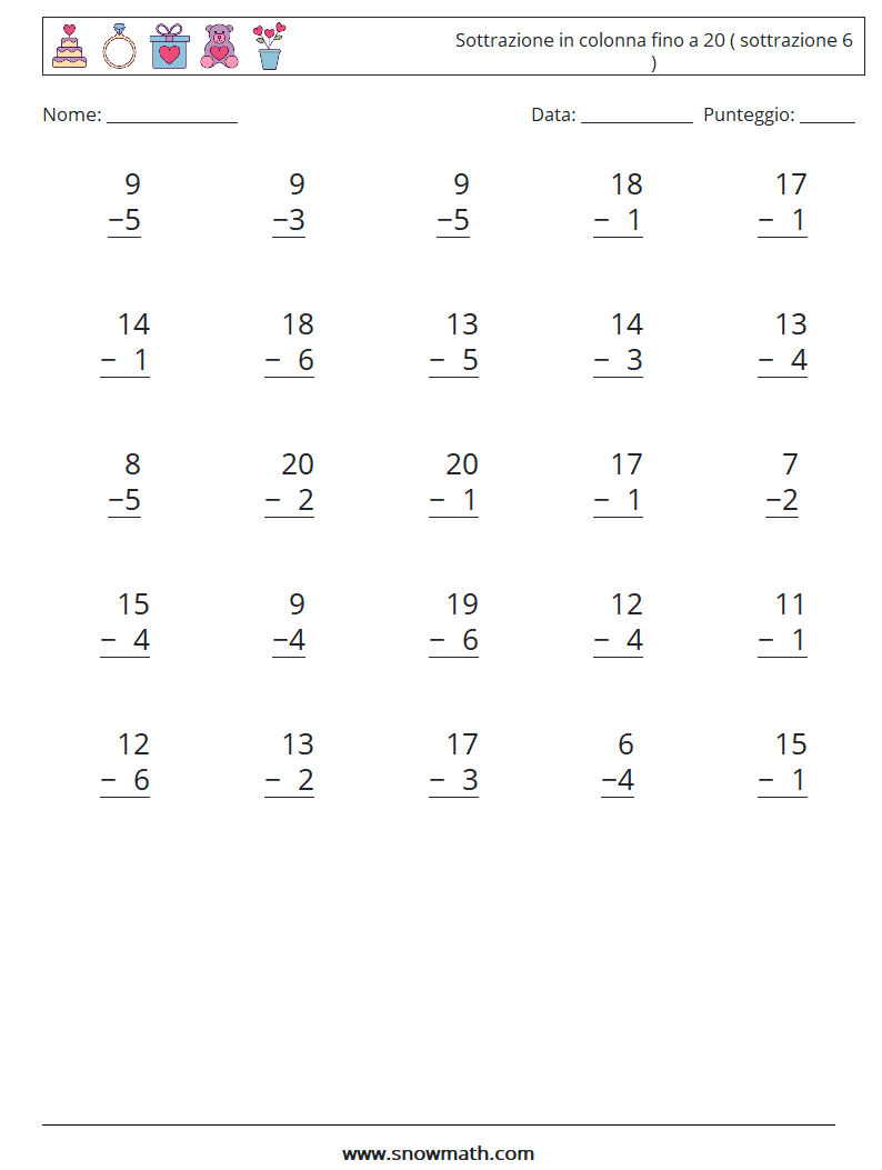 (25) Sottrazione in colonna fino a 20 ( sottrazione 6 ) Fogli di lavoro di matematica 9