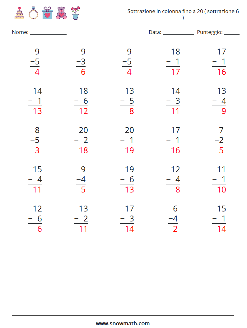 (25) Sottrazione in colonna fino a 20 ( sottrazione 6 ) Fogli di lavoro di matematica 9 Domanda, Risposta