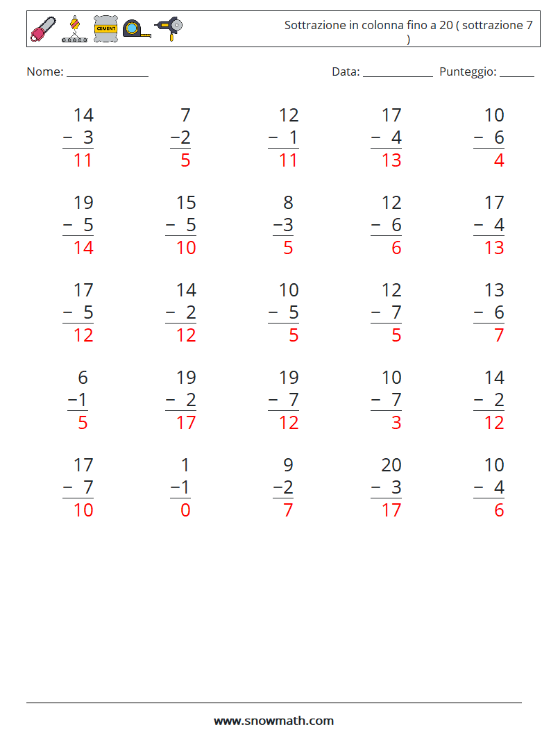 (25) Sottrazione in colonna fino a 20 ( sottrazione 7 ) Fogli di lavoro di matematica 1 Domanda, Risposta