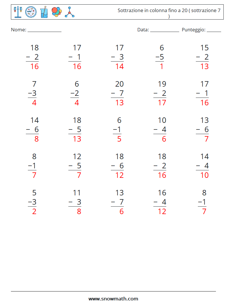 (25) Sottrazione in colonna fino a 20 ( sottrazione 7 ) Fogli di lavoro di matematica 2 Domanda, Risposta