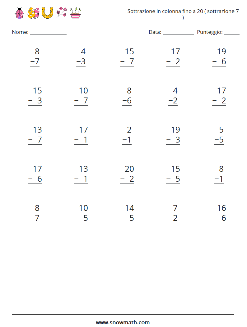(25) Sottrazione in colonna fino a 20 ( sottrazione 7 ) Fogli di lavoro di matematica 3