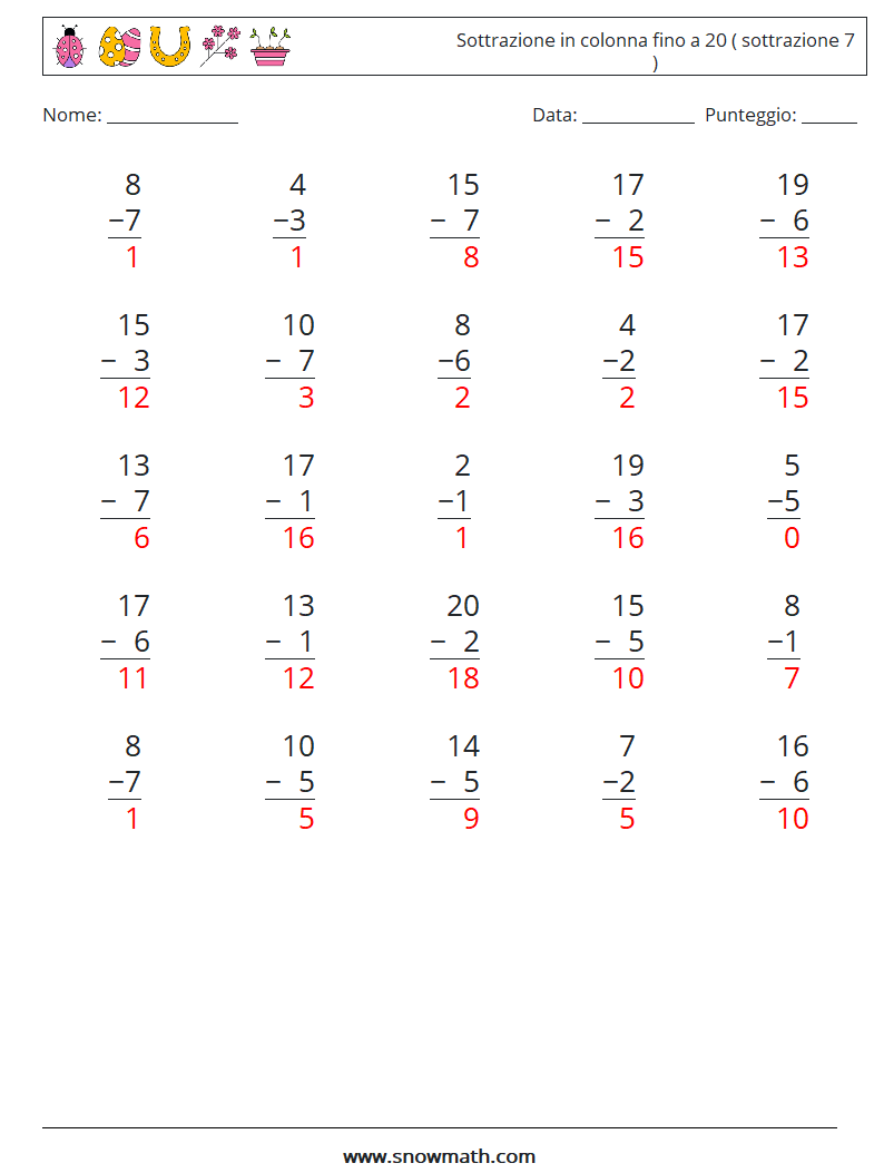 (25) Sottrazione in colonna fino a 20 ( sottrazione 7 ) Fogli di lavoro di matematica 3 Domanda, Risposta