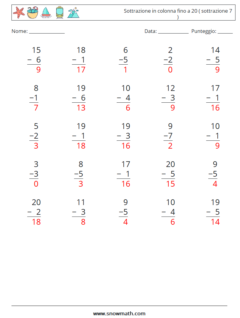 (25) Sottrazione in colonna fino a 20 ( sottrazione 7 ) Fogli di lavoro di matematica 5 Domanda, Risposta