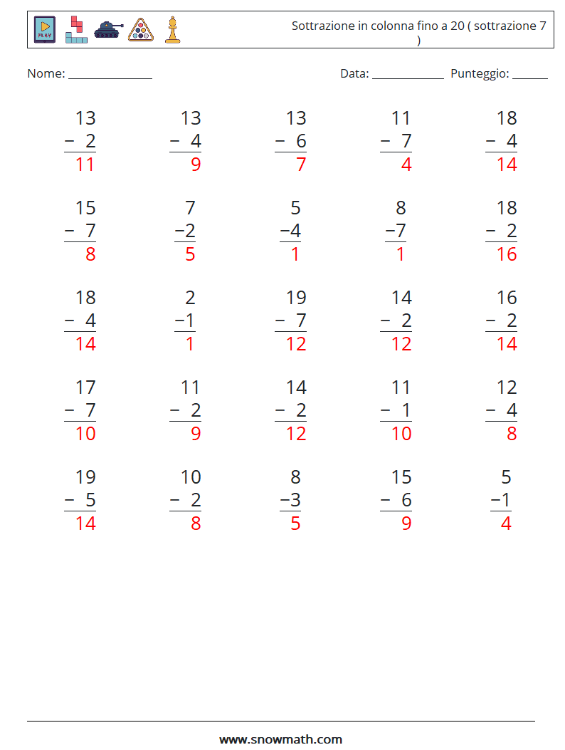 (25) Sottrazione in colonna fino a 20 ( sottrazione 7 ) Fogli di lavoro di matematica 6 Domanda, Risposta