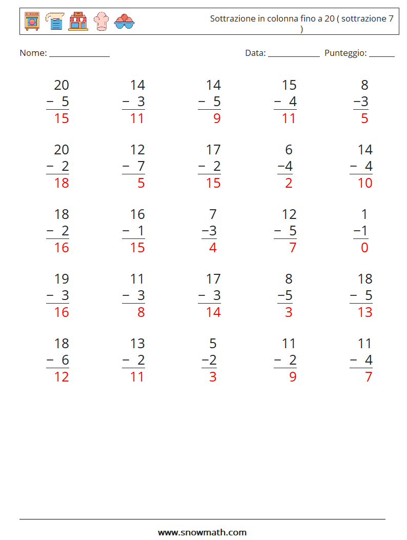 (25) Sottrazione in colonna fino a 20 ( sottrazione 7 ) Fogli di lavoro di matematica 7 Domanda, Risposta