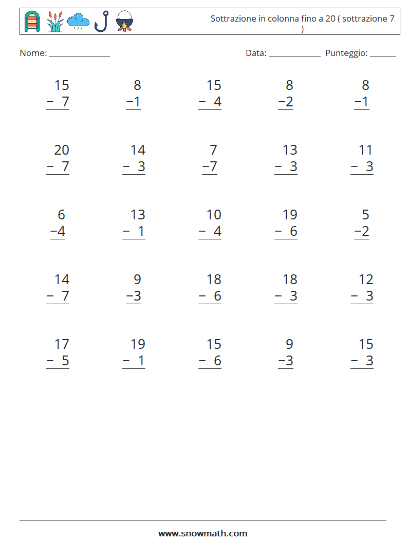 (25) Sottrazione in colonna fino a 20 ( sottrazione 7 ) Fogli di lavoro di matematica 9
