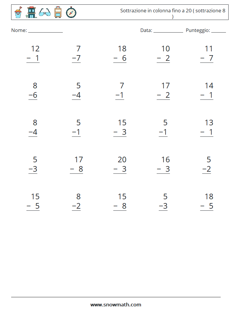 (25) Sottrazione in colonna fino a 20 ( sottrazione 8 ) Fogli di lavoro di matematica 10