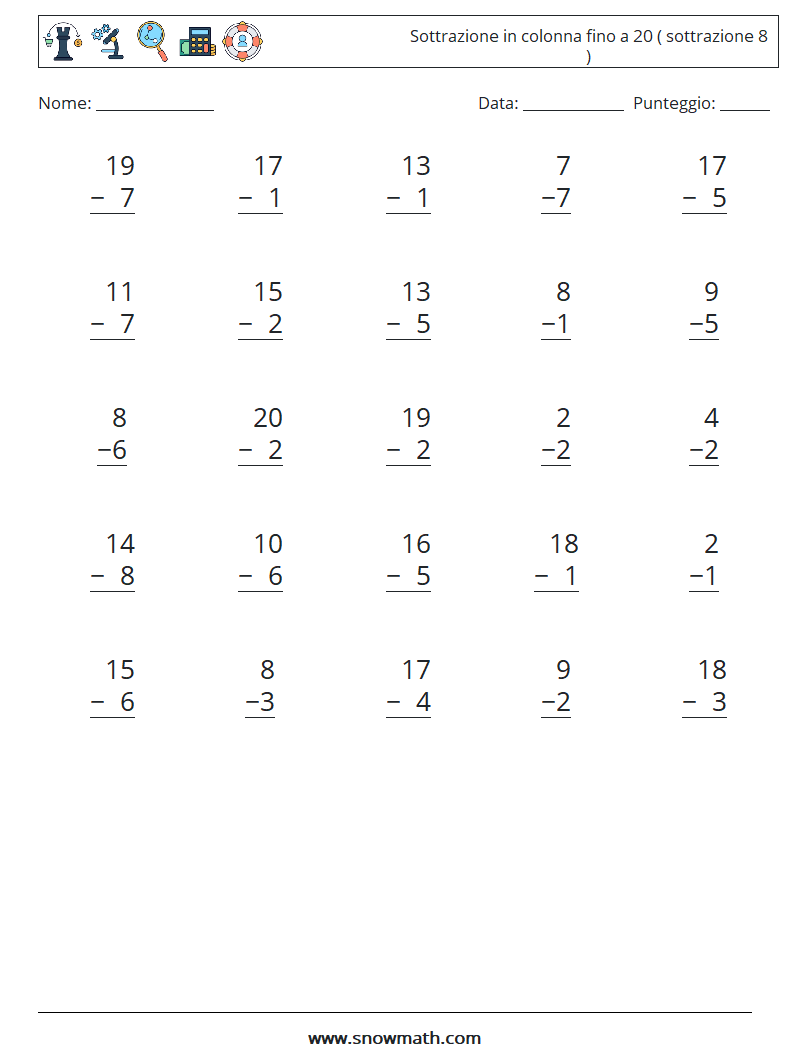 (25) Sottrazione in colonna fino a 20 ( sottrazione 8 ) Fogli di lavoro di matematica 11