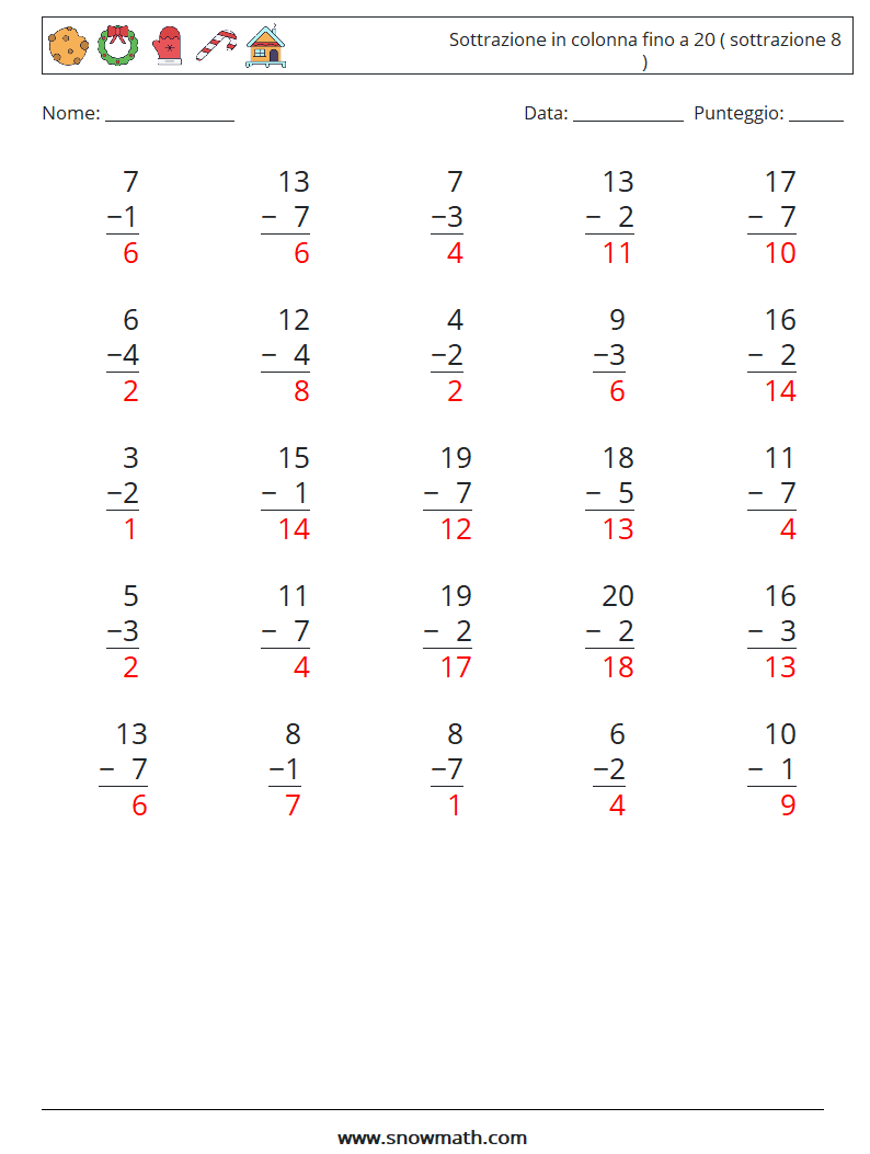 (25) Sottrazione in colonna fino a 20 ( sottrazione 8 ) Fogli di lavoro di matematica 12 Domanda, Risposta