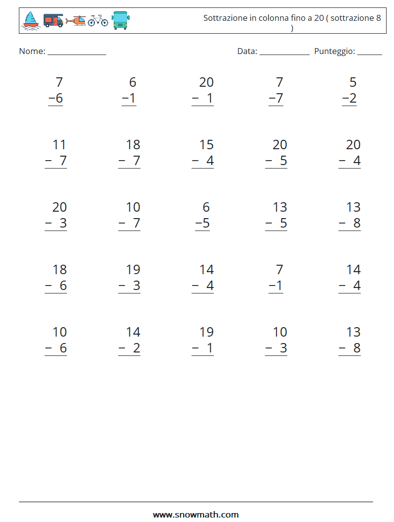 (25) Sottrazione in colonna fino a 20 ( sottrazione 8 ) Fogli di lavoro di matematica 13