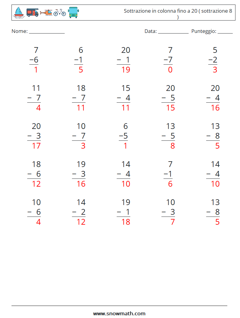 (25) Sottrazione in colonna fino a 20 ( sottrazione 8 ) Fogli di lavoro di matematica 13 Domanda, Risposta