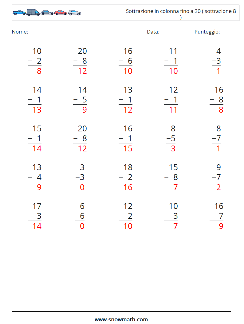(25) Sottrazione in colonna fino a 20 ( sottrazione 8 ) Fogli di lavoro di matematica 14 Domanda, Risposta