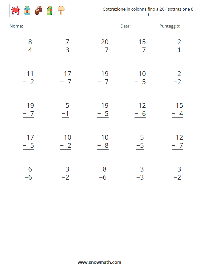 (25) Sottrazione in colonna fino a 20 ( sottrazione 8 ) Fogli di lavoro di matematica 15
