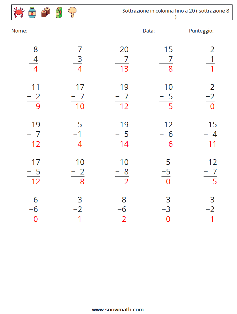 (25) Sottrazione in colonna fino a 20 ( sottrazione 8 ) Fogli di lavoro di matematica 15 Domanda, Risposta