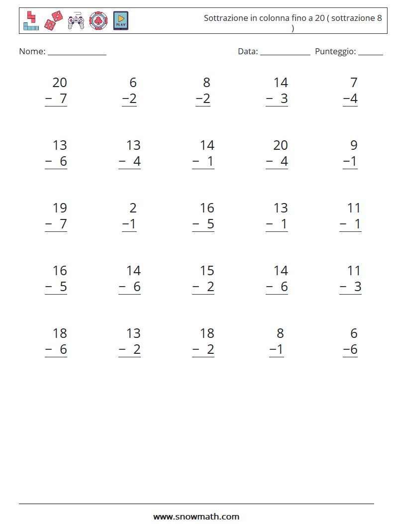 (25) Sottrazione in colonna fino a 20 ( sottrazione 8 ) Fogli di lavoro di matematica 17