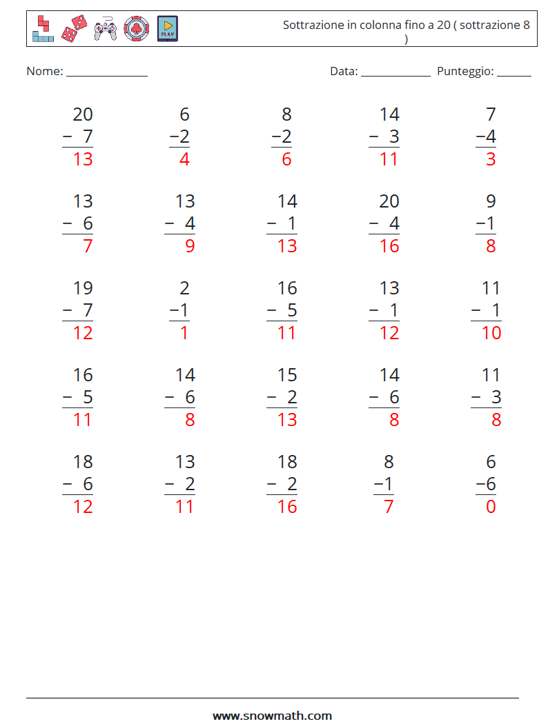 (25) Sottrazione in colonna fino a 20 ( sottrazione 8 ) Fogli di lavoro di matematica 17 Domanda, Risposta