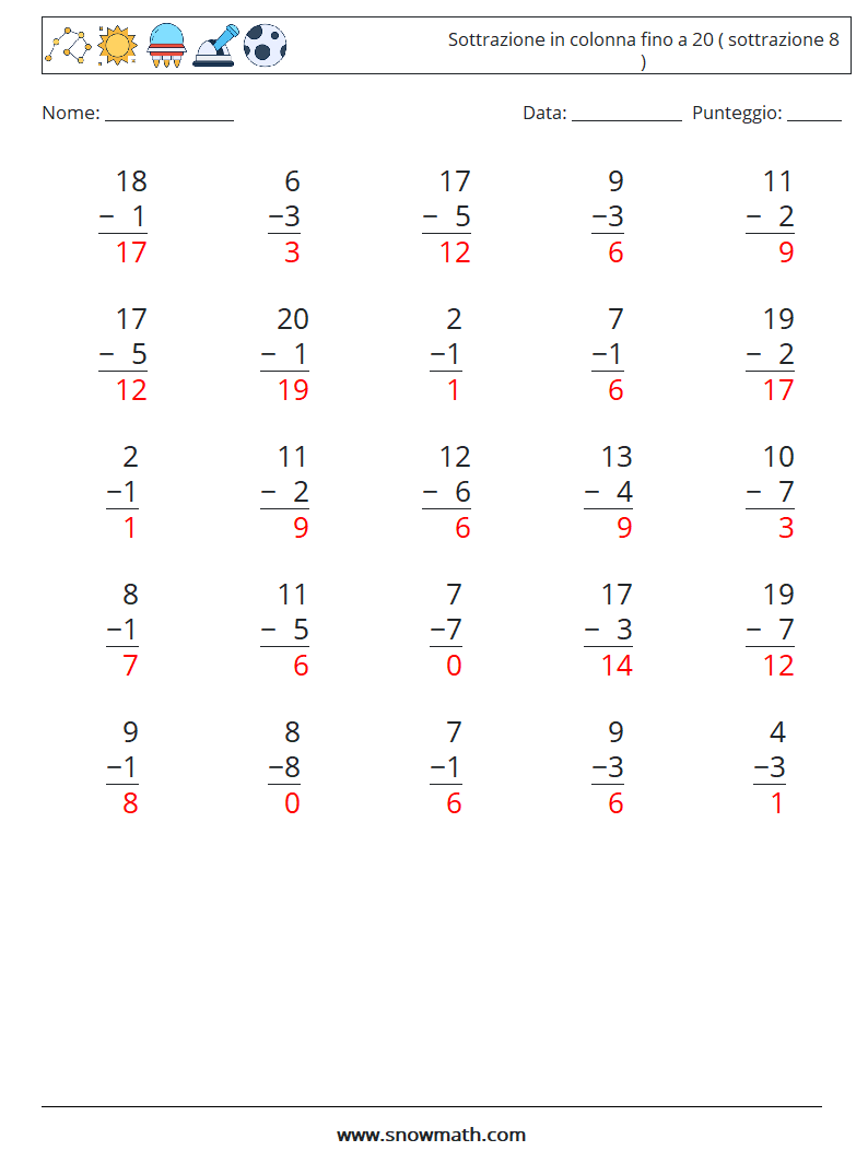 (25) Sottrazione in colonna fino a 20 ( sottrazione 8 ) Fogli di lavoro di matematica 18 Domanda, Risposta