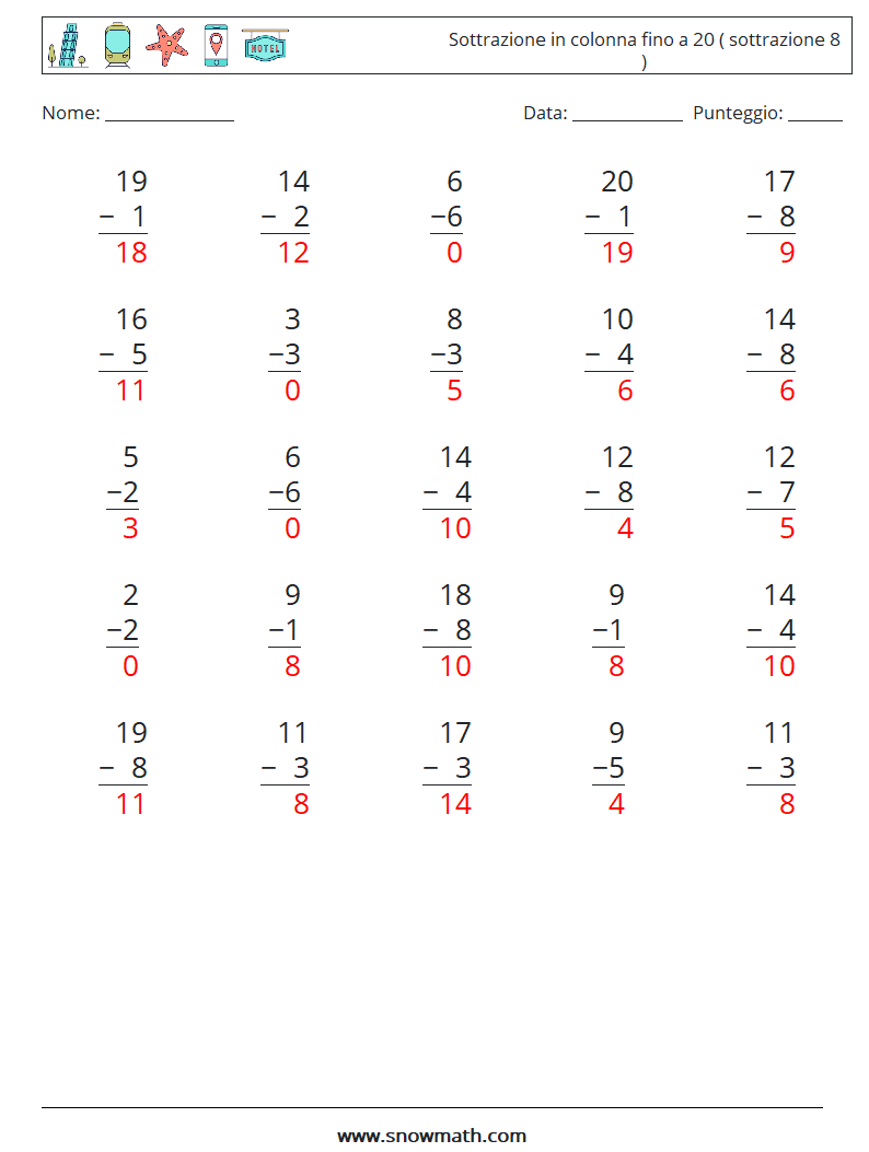 (25) Sottrazione in colonna fino a 20 ( sottrazione 8 ) Fogli di lavoro di matematica 1 Domanda, Risposta