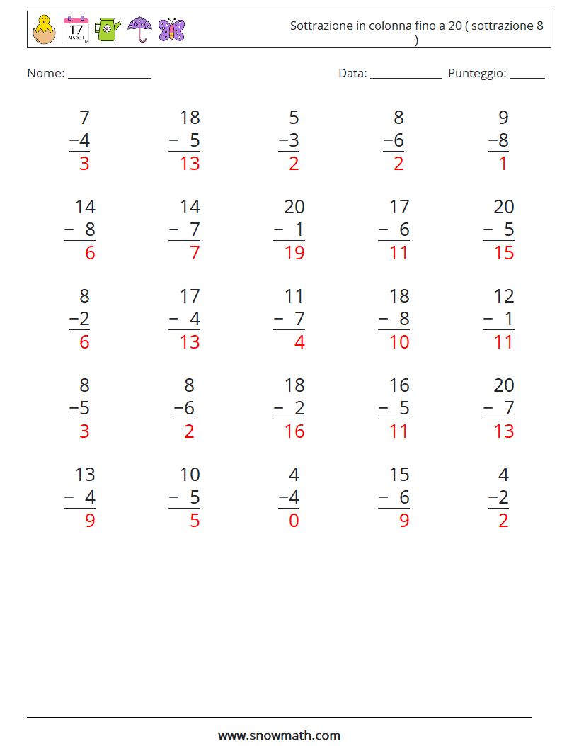 (25) Sottrazione in colonna fino a 20 ( sottrazione 8 ) Fogli di lavoro di matematica 3 Domanda, Risposta