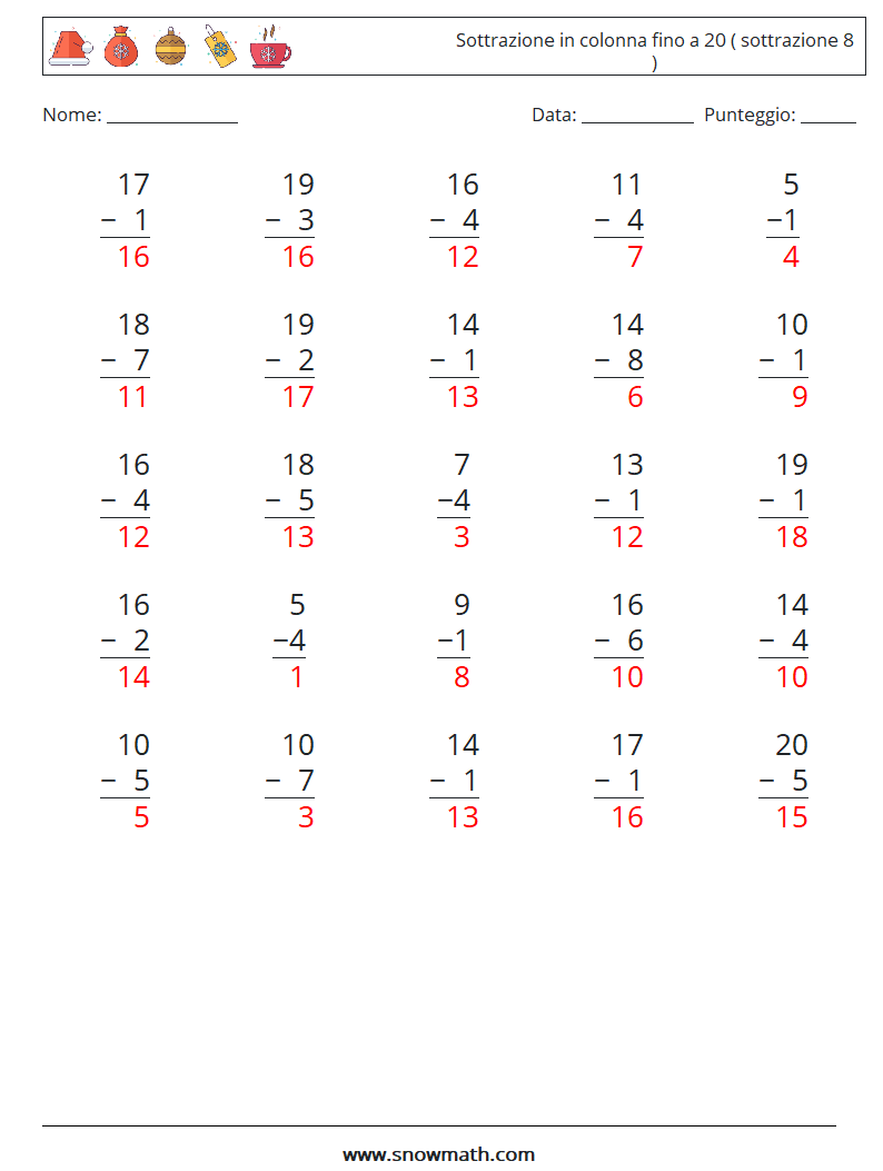 (25) Sottrazione in colonna fino a 20 ( sottrazione 8 ) Fogli di lavoro di matematica 5 Domanda, Risposta