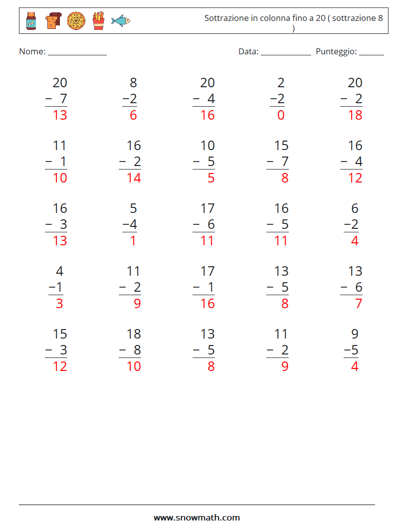 (25) Sottrazione in colonna fino a 20 ( sottrazione 8 ) Fogli di lavoro di matematica 6 Domanda, Risposta