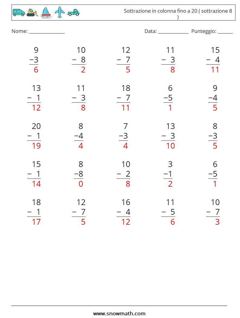 (25) Sottrazione in colonna fino a 20 ( sottrazione 8 ) Fogli di lavoro di matematica 7 Domanda, Risposta