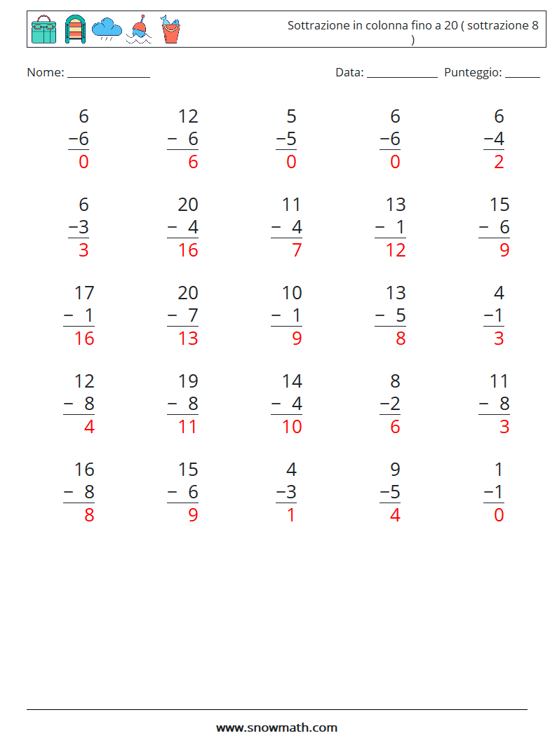 (25) Sottrazione in colonna fino a 20 ( sottrazione 8 ) Fogli di lavoro di matematica 8 Domanda, Risposta