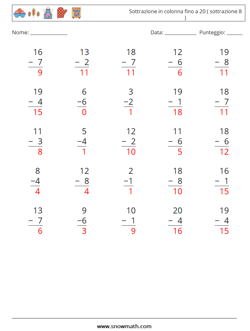 (25) Sottrazione in colonna fino a 20 ( sottrazione 8 ) Fogli di lavoro di matematica 9 Domanda, Risposta