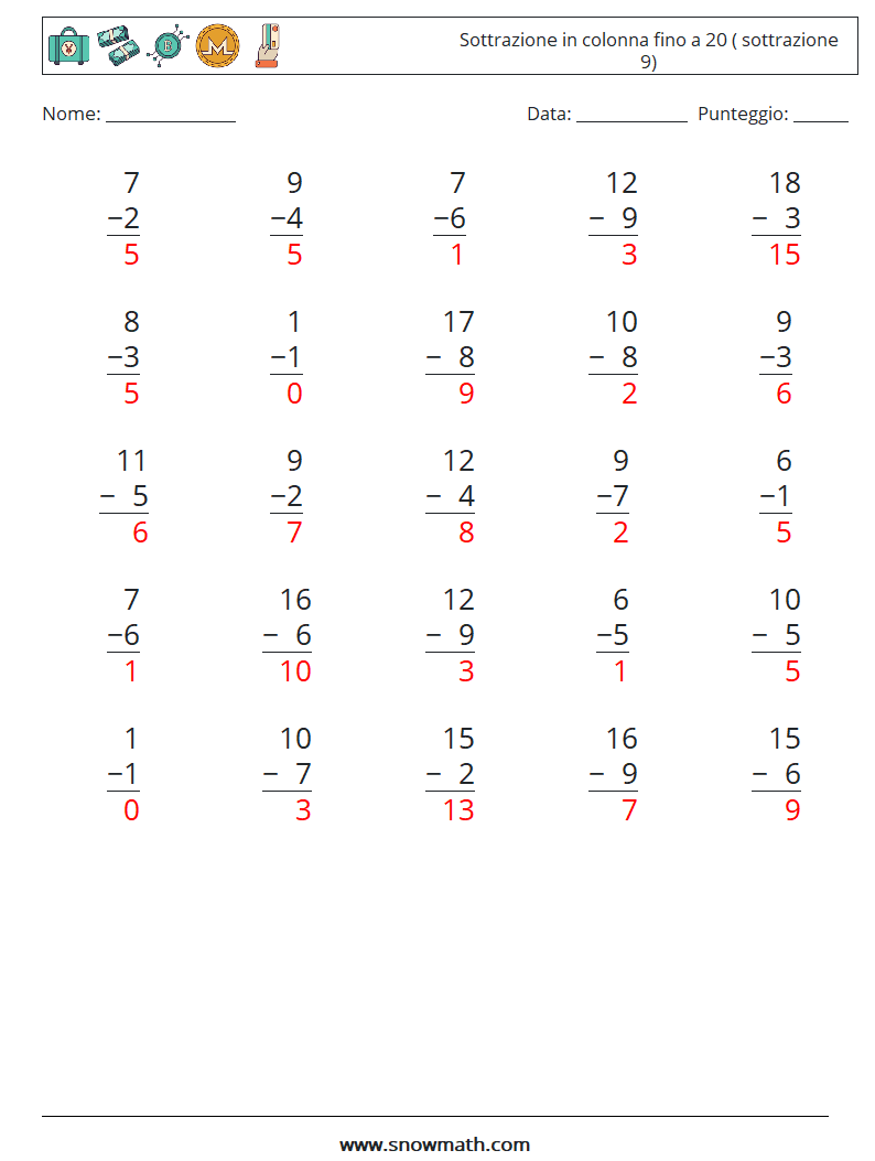 (25) Sottrazione in colonna fino a 20 ( sottrazione 9) Fogli di lavoro di matematica 10 Domanda, Risposta