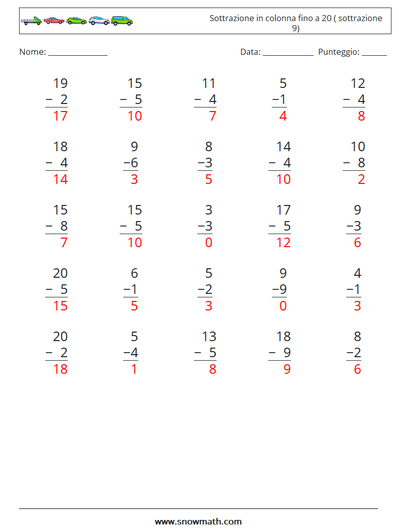 (25) Sottrazione in colonna fino a 20 ( sottrazione 9) Fogli di lavoro di matematica 11 Domanda, Risposta