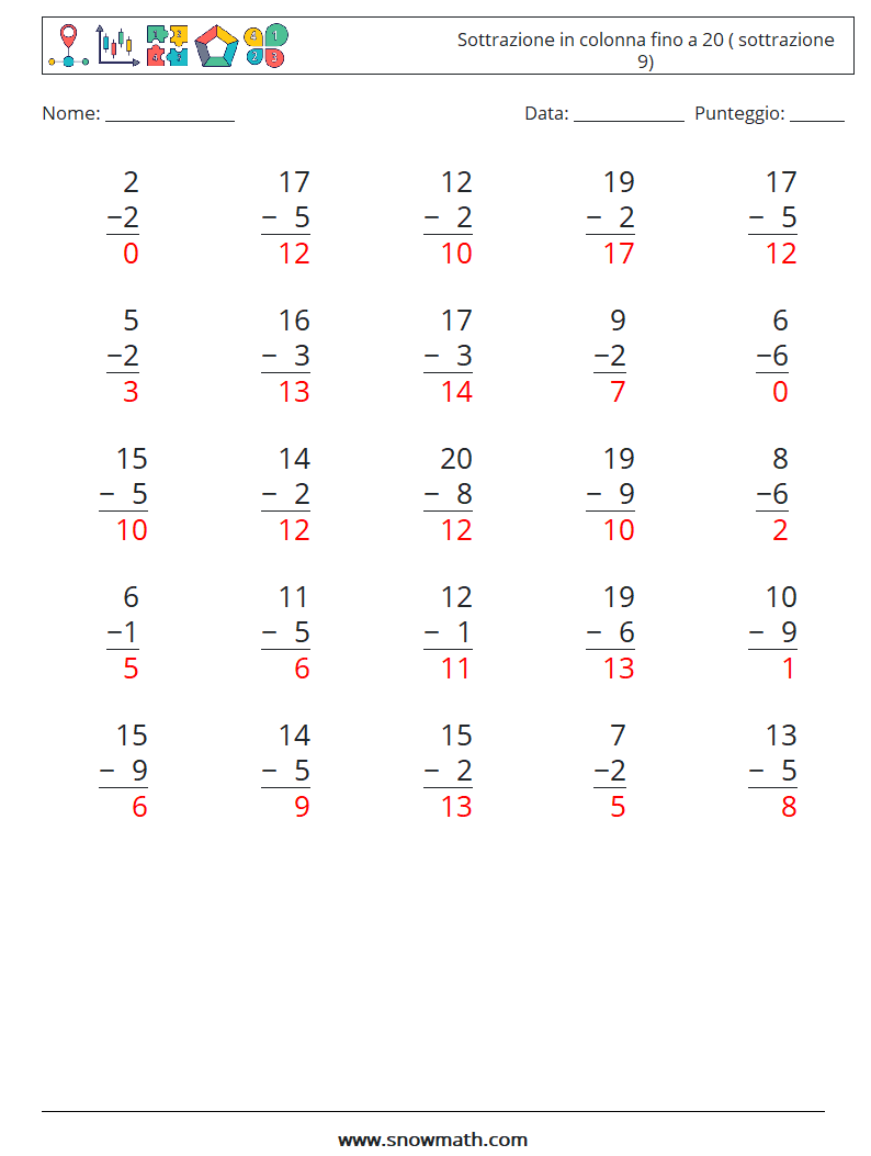 (25) Sottrazione in colonna fino a 20 ( sottrazione 9) Fogli di lavoro di matematica 12 Domanda, Risposta