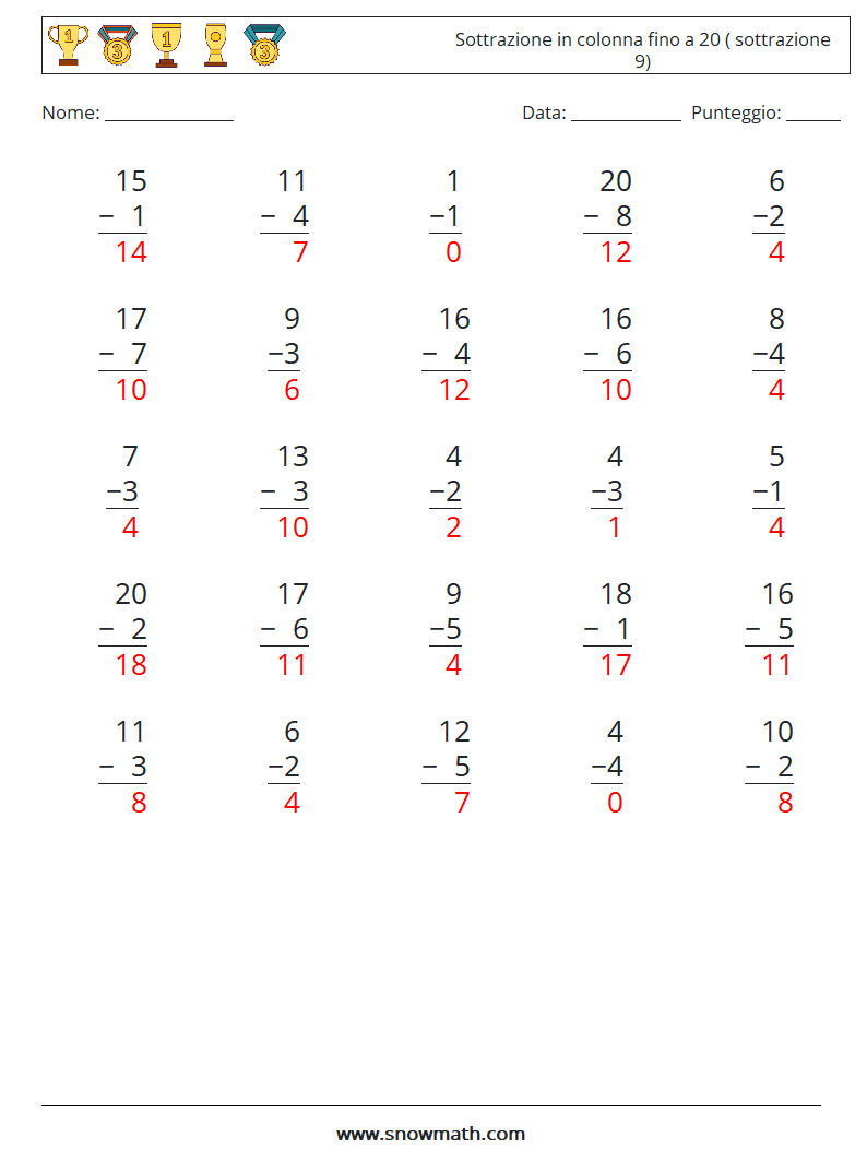 (25) Sottrazione in colonna fino a 20 ( sottrazione 9) Fogli di lavoro di matematica 13 Domanda, Risposta