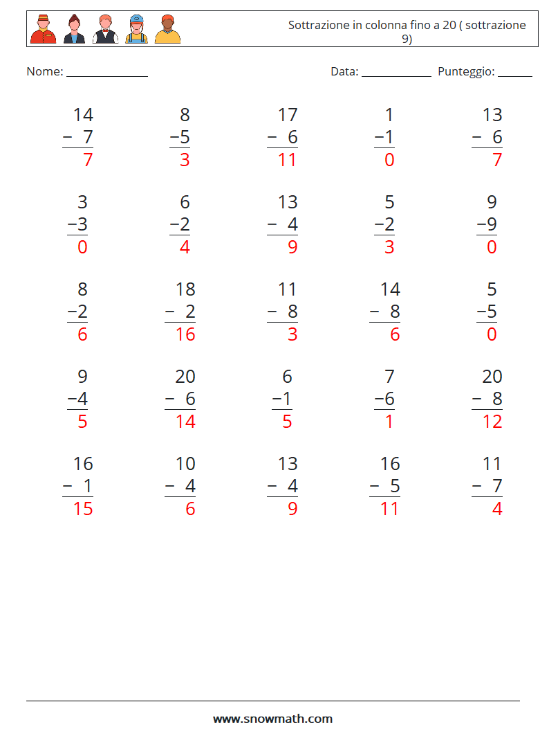 (25) Sottrazione in colonna fino a 20 ( sottrazione 9) Fogli di lavoro di matematica 18 Domanda, Risposta