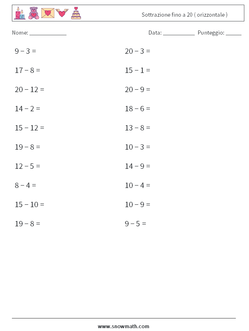 (20) Sottrazione fino a 20 ( orizzontale ) Fogli di lavoro di matematica 2