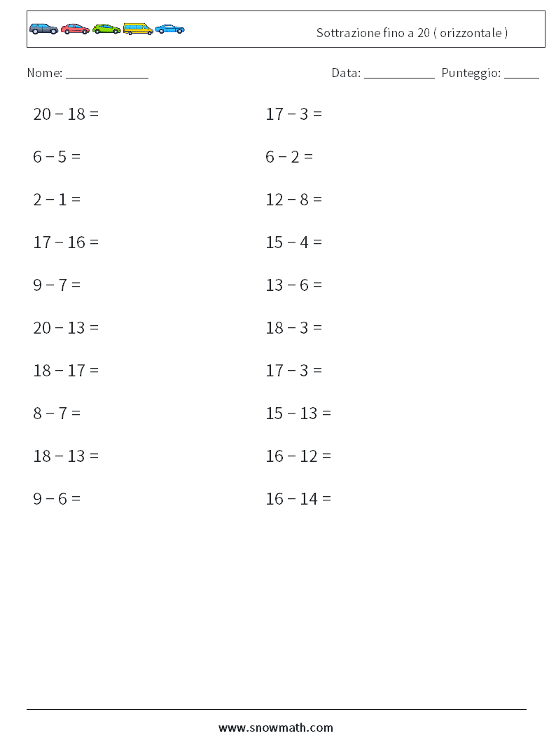 (20) Sottrazione fino a 20 ( orizzontale ) Fogli di lavoro di matematica 3