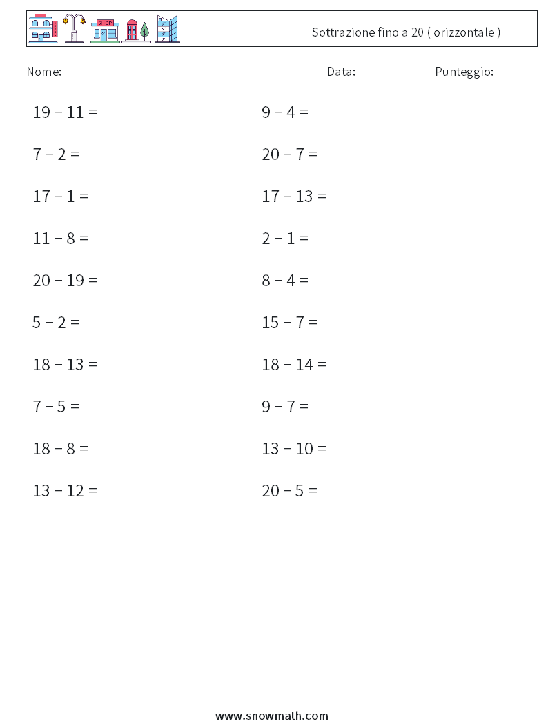 (20) Sottrazione fino a 20 ( orizzontale ) Fogli di lavoro di matematica 4
