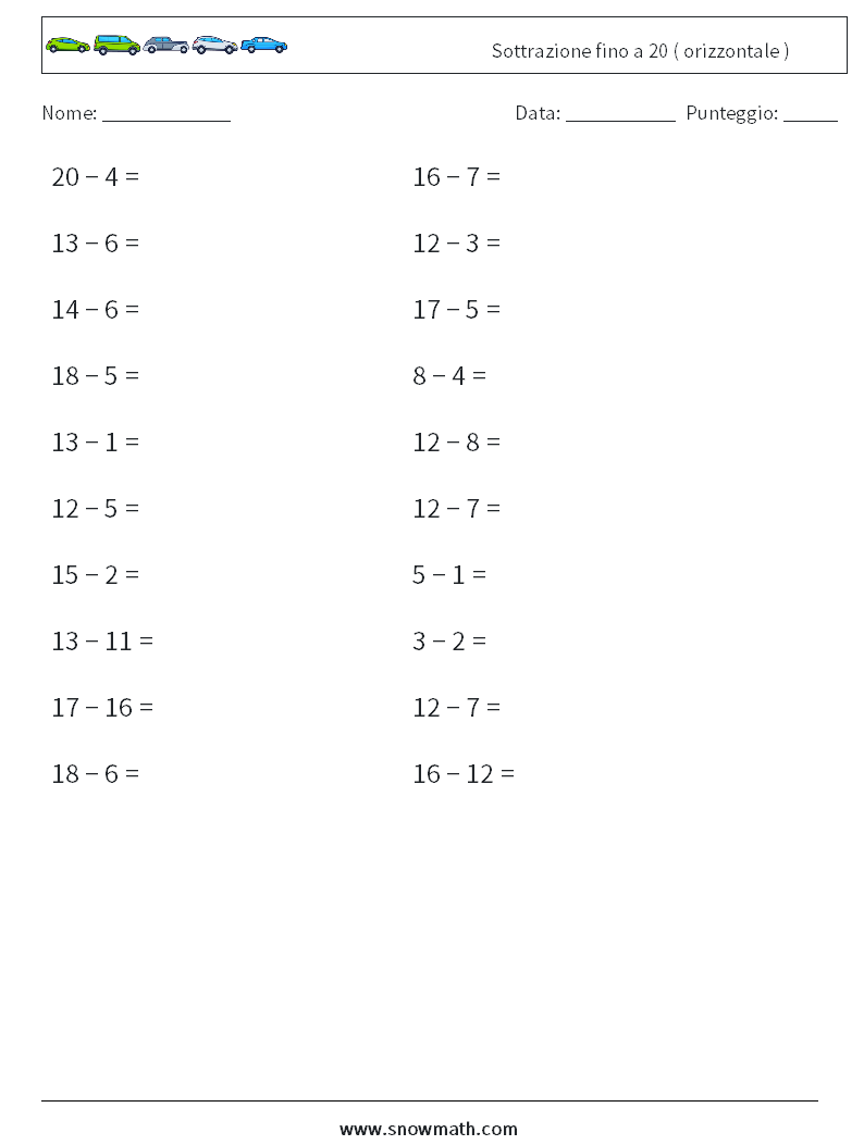 (20) Sottrazione fino a 20 ( orizzontale ) Fogli di lavoro di matematica 7