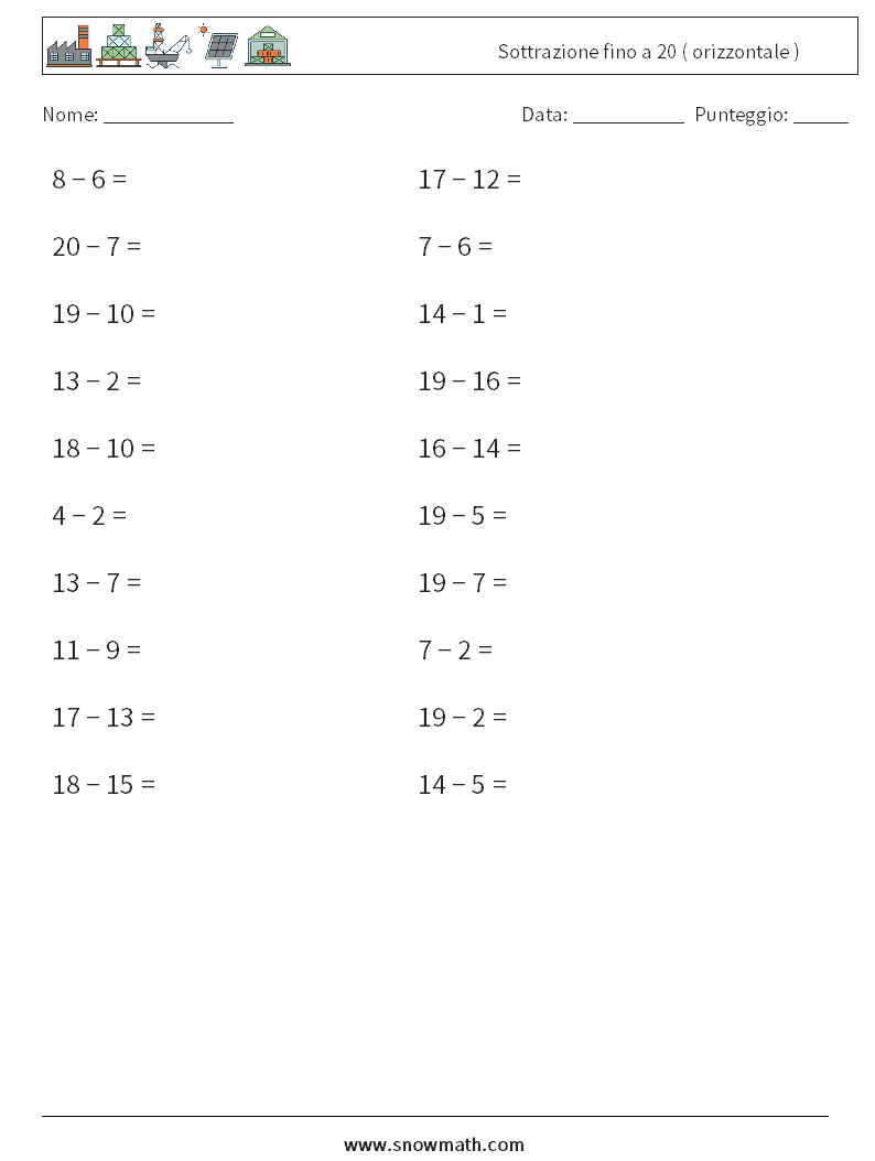 (20) Sottrazione fino a 20 ( orizzontale ) Fogli di lavoro di matematica 9