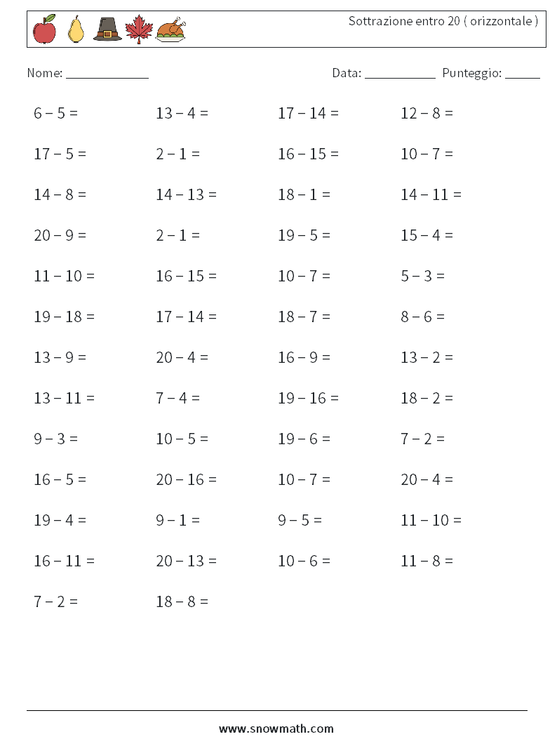 (50) Sottrazione entro 20 ( orizzontale ) Fogli di lavoro di matematica 3