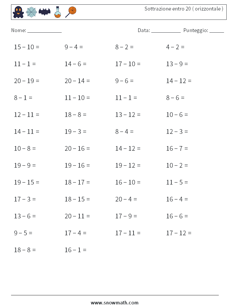 (50) Sottrazione entro 20 ( orizzontale ) Fogli di lavoro di matematica 9